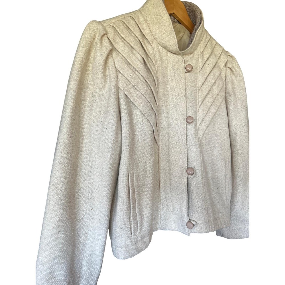 Vintage 70s Cream Wool Pleated Sunburst Jacket Puff Shoulder Quiet Luxury - Picture 4 of 16
